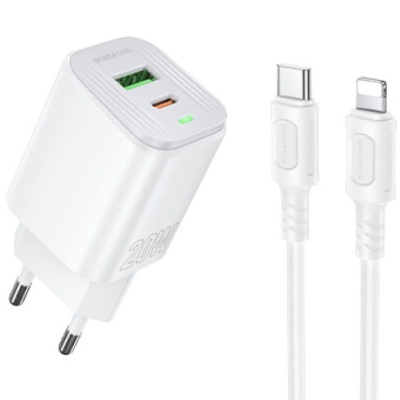 мережевий зарядний пристрій borofone bas83a pd20w + qc3.0 (1usb/1type-c/3a) + type-c - lightning (білий) 