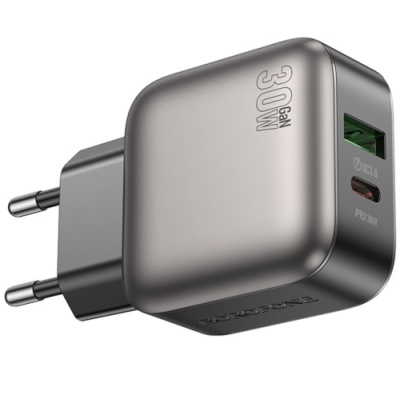 мережевий зарядний пристрій borofone bas55a gan 1usb/20w/qc3.0 + 1type-c/30w/pd (чорний) 