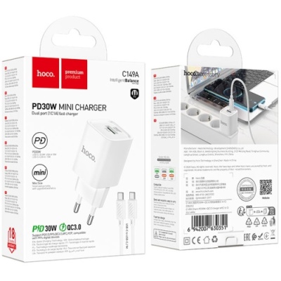 мережевий зарядний пристрій hoco c149a 1usb/18w/qc3.0 + 1type-c/30w/pd + (type-c - type-c) (бiлий) 