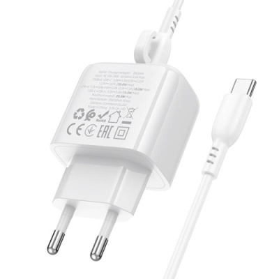 мережевий зарядний пристрій borofone bas44a 1usb/18w/qc3.0 + 1type-c/20w/pd + (type-c - type-c) (білий) 