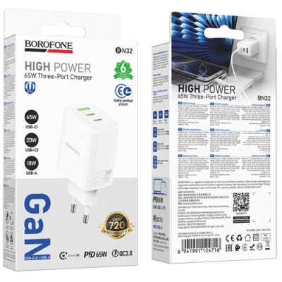мережевий зарядний пристрій borofone bn32 1usb/18w/qc3.0 + 2type-c/65w/pd (білий) 