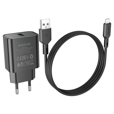 мережевий зарядний пристрій borofone ba72a spring 1usb/18w/qc3.0 + (usb - microusb) (чорний) 