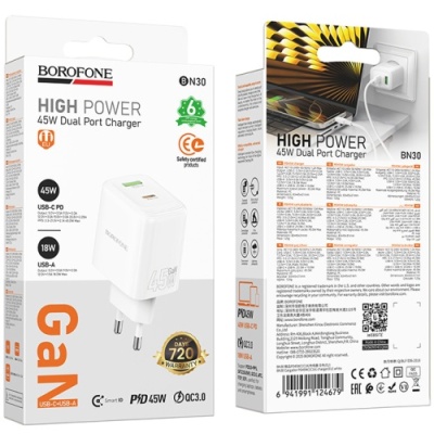 мережевий зарядний пристрій borofone bn30 1usb/18w/qc3.0 + 1type-c/45w/pd (білий) 