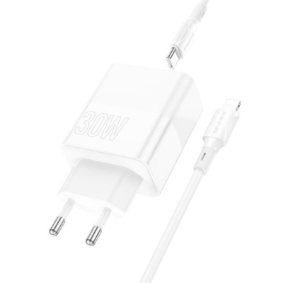 мережевий зарядний пристрій borofone ba75a powerfull 1usb/18w/qc3.0 + 1type-c/30w/pd + (type-c - lightning) (бiлий) 