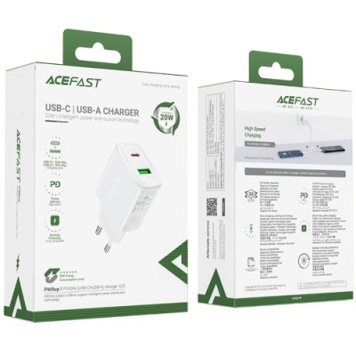 мережевий зарядний пристрій acefast a25 pd20w (1type-c/usb/3a) (білий) 