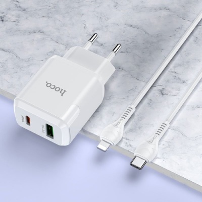 мережевий зарядний пристрій hoco n5 1usb/18w/qc3.0 + 1type-c/20w/pd + (type-c - lightning) (білий) 