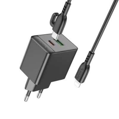 мережевий зарядний пристрій borofone bas14a erudite 1usb/18w/qc3.0 + 1type-c/20w/pd + (type-c - lightning) (чорний) 