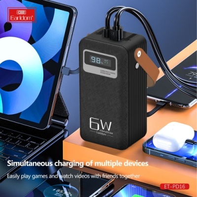 додаткова батарея power bank earldom et-pd16 60000 mah vs led lamp pd20w+qc3.0 22.5w (чорний) 