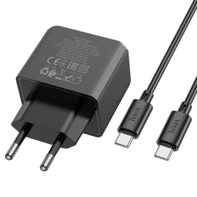мережевий зарядний пристрій hoco cs14a 1usb/18w/qc3.0 + 1type-c/20w/pd + (type-c - type-c) (чорний) 