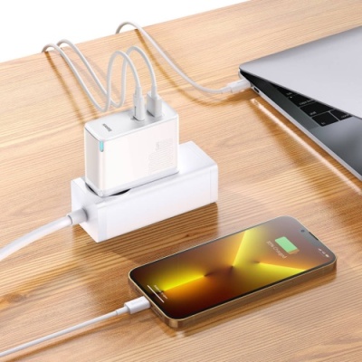 мережевий зарядний пристрій baseus gan5 fast charger (ccgp090202) 1usb/60w/qc4.0 + 1type-c/100w/pd + (type-c - type-c) (білий) 