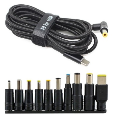 кабель type-c to dc pd100w 5.5х2.1 мм+10 перехідників 1.8m (чорний) 