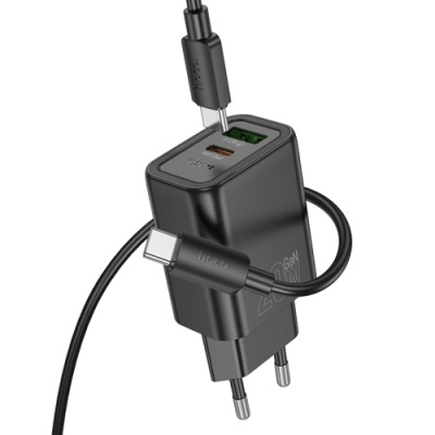 мережевий зарядний пристрій hoco n61 1usb/18w/qc3.0 + 1type-c/20w/pd + (type-c - type-c) (чорний) 
