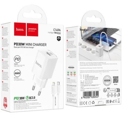 мережевий зарядний пристрій hoco c149a 1usb/18w/qc3.0 + 1type-c/30w/pd + (type-c - lightning) (бiлий) 