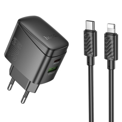 мережевий зарядний пристрій hoco cs61a 1usb/18w/qc3.0 + 1type-c/30w/pd + (type-c - lightning) (чорний) 