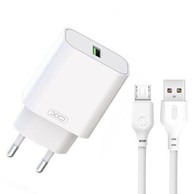 мережевий зарядний пристрій xo l103 1usb/18w/qc3.0 + (usb - microusb) (бiлий) 