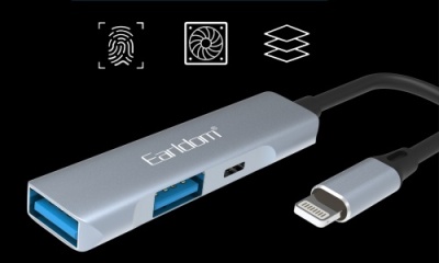 usb hub earldom et-hub11 lightning  to 2xusb 2.0 + usb-c (сірий) 