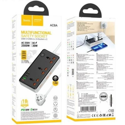 мережевий подовжувач hoco ac8a pd30w/qc18w/1c3a 1.5m (чорний) 