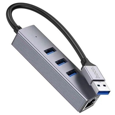 usb hub hoco hb34 easy link gigabit ethernet adapter (usb to usb3.0*3+rj45) 0,15m. metal grey 