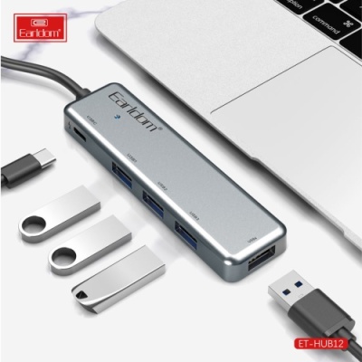 usb hub earldom et-hub12 usb to 4xusb2.0 + usb-c (чорний) 