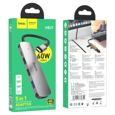 usb hub hoco hb27 type-c multi-function converter (hdtv+usb3.0+usb2.0*2+pd) (металево-сірий) 