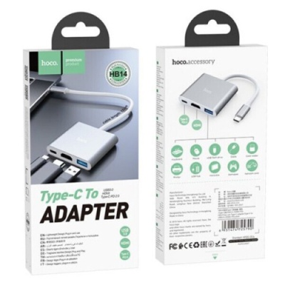usb hub hoco hb14 type-c to usb3.0+hdmi+pd (сірий) 