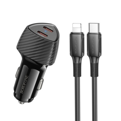 Автомобільний Зарядний Пристрій Borofone BZ31D 2Type-C/60W/PD + (Type-C - Lightning) (Чорний)