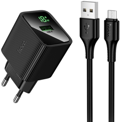 мережевий зарядний пристрій hoco cs81a 1usb/18w/qc3.0 + (usb - microusb) (чорний) 