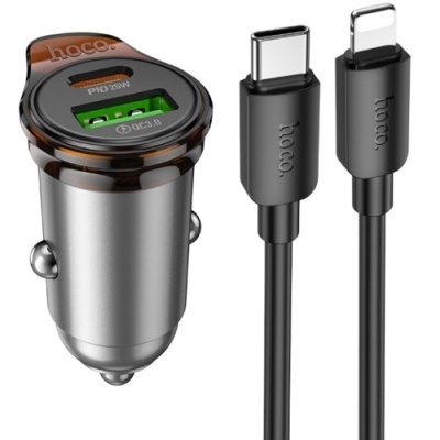Автомобільний Зарядний Пристрій Hoco NZ16A PD25W+QC3.0 (1USB/1Type-C) + (Type-C - Lightning) (сірий)