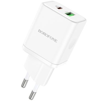 мережевий зарядний пристрій borofone bn7 1usb/18w/qc3.0 + 1type-c/20w/pd (бiлий) 