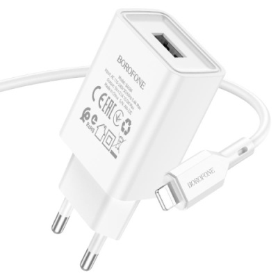мережевий зарядний пристрій borofone ba68a 1usb/2.1a + (usb - lightning) (білий) 