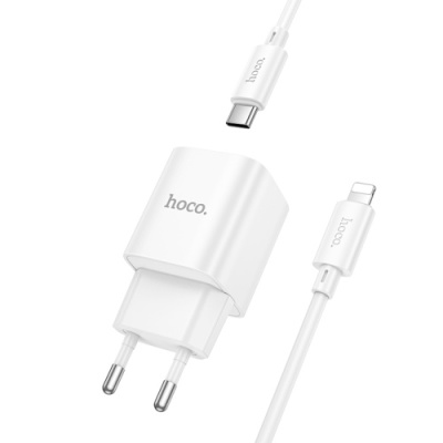 мережевий зарядний пристрій hoco c147a 1usb/18w/qc3.0 + 1type-c/20w/pd + (type-c - lightning) (білий) 