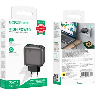 мережевий зарядний пристрій borofone bas57a gan 1usb/20w/qc3.0 + 3type-c/67w/pd (чорний) 