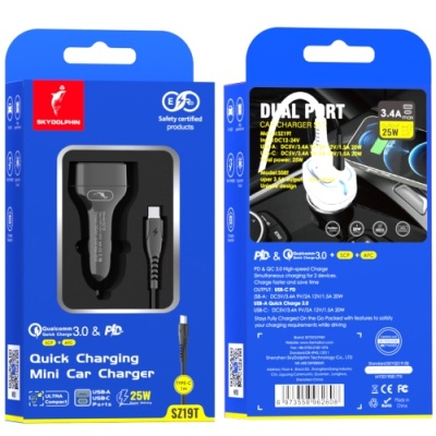 Автомобільний Зарядний Пристрій SkyDolphin SZ19T 1USB/20W/QC3.0 + 1Type-C/20W/PD + (USB - Type-C) (Чорний)