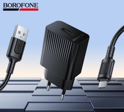 мережевий зарядний пристрій borofone bas71a 1usb/2.1a + (usb - microusb) (чорний) 