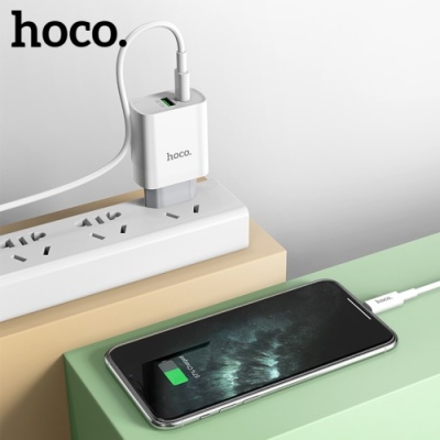 мережевий зарядний пристрій hoco c80a 1usb/18w/qc3.0 + 1type-c/20w/pd + (type-c - lightning) (білий) 