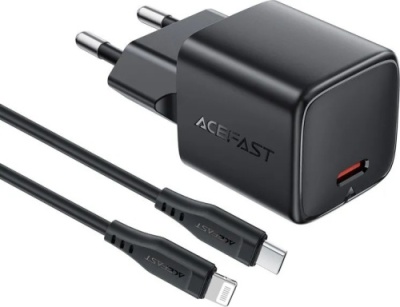 мережевий зарядний пристрій acefast a118 pd30w (1type-c) + type-c - lightning (1,2м) (чорний) 