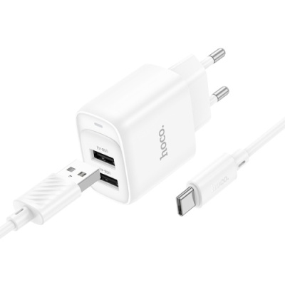 мережевий зарядний пристрій hoco c141a 2usb/2.1a + (usb - type-c) (білий) 