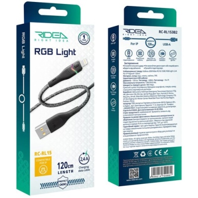 кабель ridea rc-rl15 rgb light usb - lightning 12w 1.2m (чорний) 
