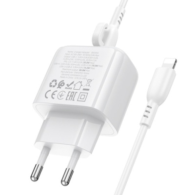 мережевий зарядний пристрій borofone bas45a 1usb/18w/qc3.0 + 1type-c/30w/pd + (type-c - lightning) (білий) 
