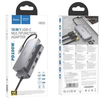 usb hub hoco hb33 type-c easy type-c 10-in-1 multi-function converter 0,18m. metal gray 