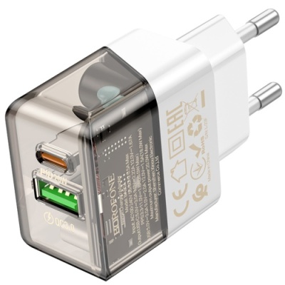 мережевий зарядний пристрій borofone ba80a 1usb/18w/qc3.0 + 1type-c/20w/pd (прозоро-чорний) 