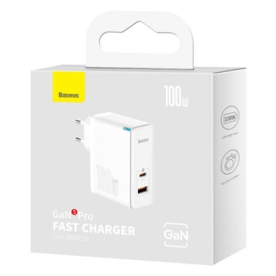 мережевий зарядний пристрій baseus gan5 fast charger (ccgp090202) 1usb/60w/qc4.0 + 1type-c/100w/pd + (type-c - type-c) (білий) 