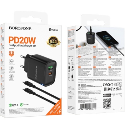 мережевий зарядний пристрій borofone ba83a 1usb/18w/qc3.0 + 1type-c/20w/pd + (type-c - type-c) (чорний) 