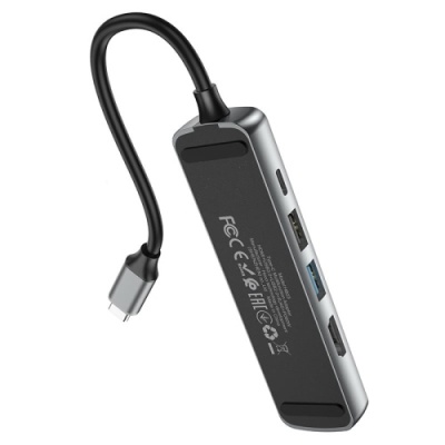 usb hub hoco hb23 type-c to (hdmi+usb3.0+usb2.0+rj45+pd) (сiрий) 