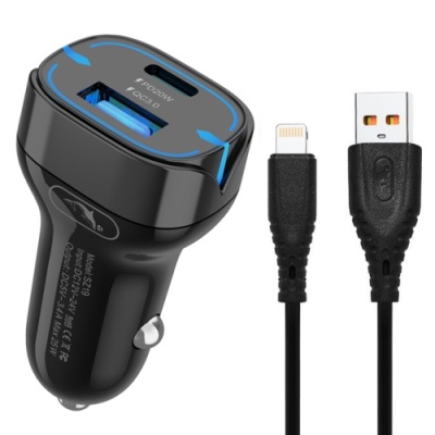 Автомобільний Зарядний Пристрій SkyDolphin SZ19L 1USB/20W/QC3.0 + 1Type-C/20W/PD + (USB - Lightning) (Чорний)