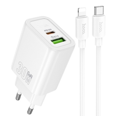 мережевий зарядний пристрій hoco n63 1usb/18w/qc3.0 + 1type-c/30w/pd + (type-c - lightning) (білий) 