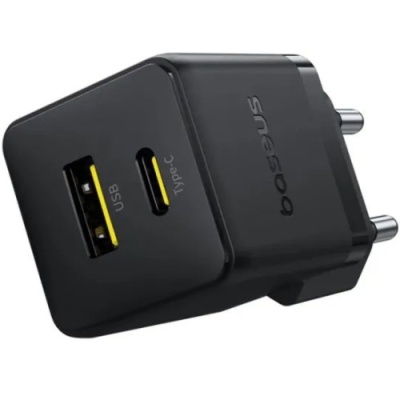 мережевий зарядний пристрій baseus palm fast charger (p10111608113-01) 1usb/qc3.0 + 1type-c/pd 20w + (type-c - type-c 60w) (чорний) 