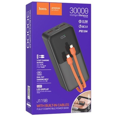 додаткова батарея power bank hoco j119b sharp charger 22.5w+pd20 with digital display 30000mah (чорний) 