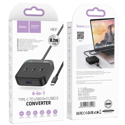 usb hub hoco hb31 easy 4-in-1 converter (type-c to usb3.0+usb2.0*3) 0,2m. black 