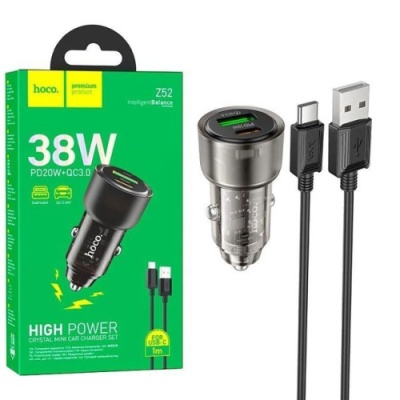 Автомобільний Зарядний Пристрій Hoco Z52 1USB/18W/QC3.0 + 1Type-C/20W/PD + (USB - Type-C) (Чорний)